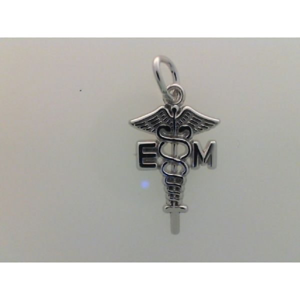 Rhodium Sterling Silver E M T Caduceus  Charm/pendant. Polished, 18.3mm x 13.5mm Barnes Jewelers Goldsboro, NC