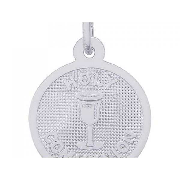 Rhodium Sterling Silver Holy Communion Disc Charm/Pendant, Polished, 14.2mm, engravable, Barnes Jewelers Goldsboro, NC