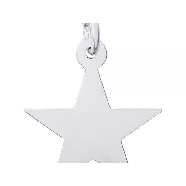 Rhodium Sterling Silver Star Charm/pendant, polished, engravable, 15.2mm x 15.7mm Barnes Jewelers Goldsboro, NC