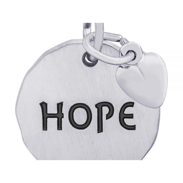 Rhodium Sterling Silver Hope Disc Charm/pendant w//Heart accent, Brushed finish, 16mm, Engravable, Barnes Jewelers Goldsboro, NC