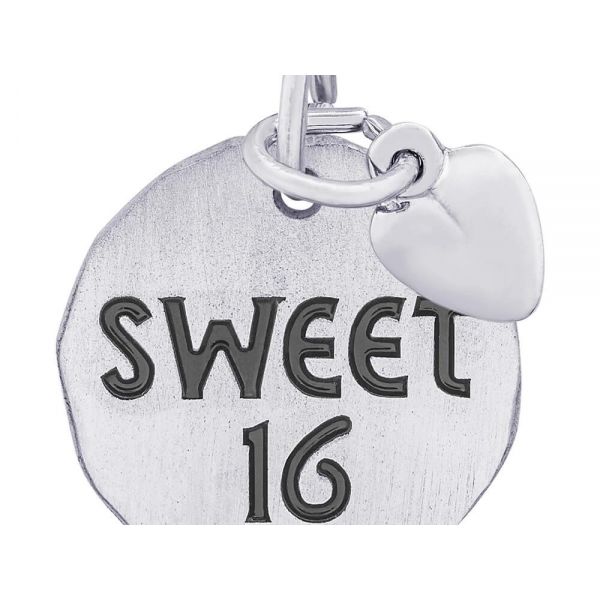 Rhodium Sterling Silver SWEET 16 Disc, Charm, W/Heart Accent, Brushed Finish, 16mm, Engravable Barnes Jewelers Goldsboro, NC