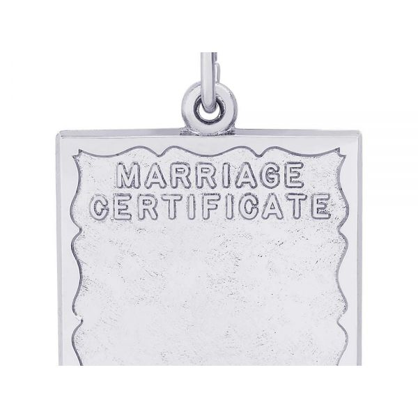 Rhodium Sterling Silver Marriage Certificate Charm/pendant, Polished, engravable,  18mm x 19.6mm. Barnes Jewelers Goldsboro, NC