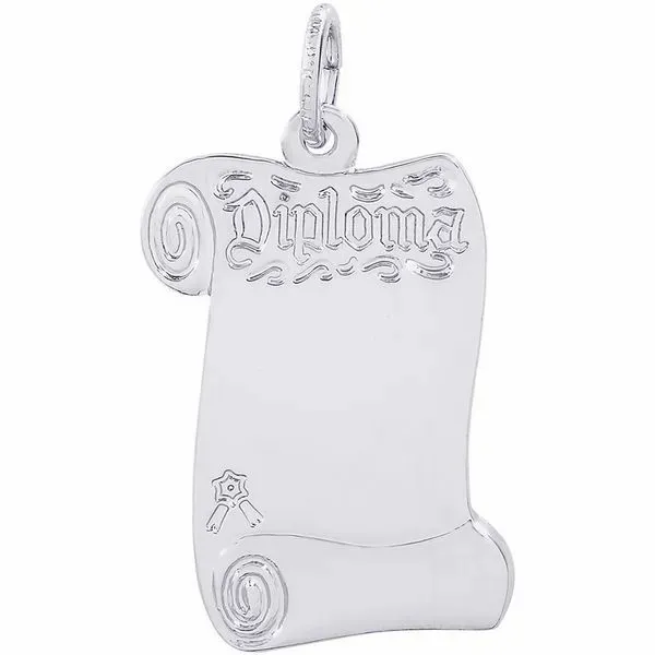 Rhodium Sterling Silver 3-D Diploma  Opened Scroll Charm. Polished. Engravable. Barnes Jewelers Goldsboro, NC