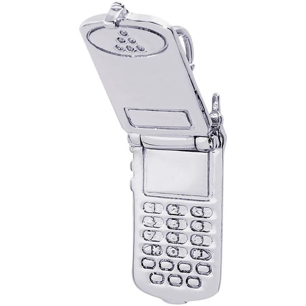 Rhodium Sterling Silver Flip Phone (opens) charm. Engravable. Barnes Jewelers Goldsboro, NC