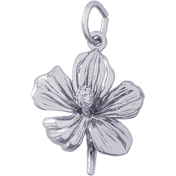 Rhodium Sterling Silver 3-D Hibiscus Flower Charm. Barnes Jewelers Goldsboro, NC