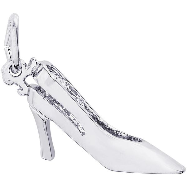 Rhodium Sterling Silver 3-D Sling Back High Heel Charm. Polished. Barnes Jewelers Goldsboro, NC