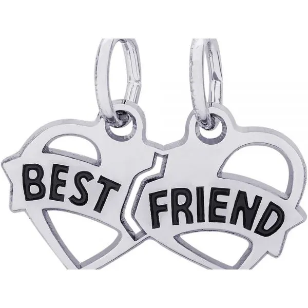 Rhodium Sterling Silver Best Friends Hearts Charm. Break apart. Engrave on back Barnes Jewelers Goldsboro, NC