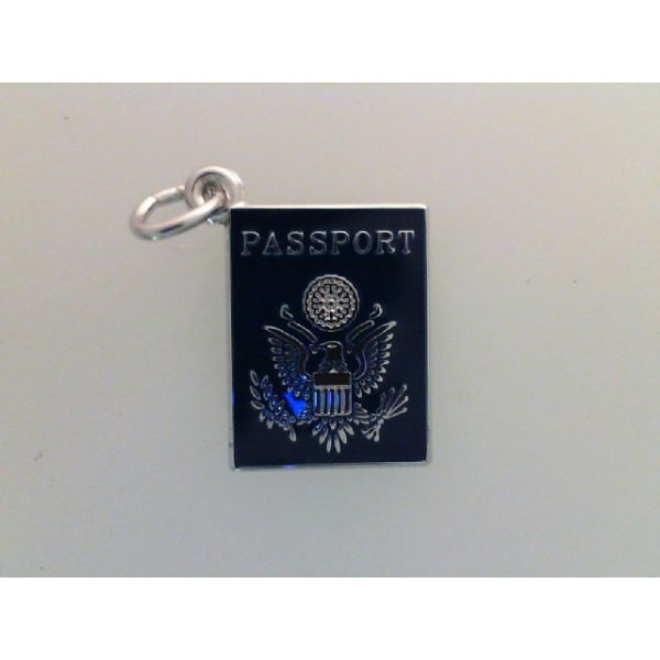 Rhodium Sterling Silver Passport Charm w/ blue enamel. engravable. Barnes Jewelers Goldsboro, NC