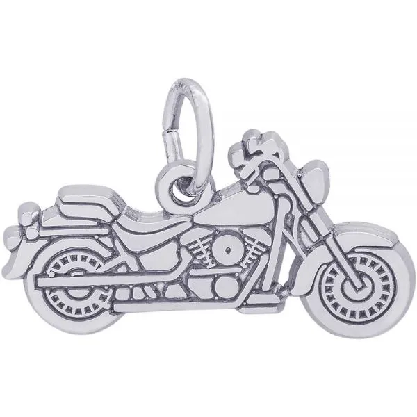 Rhodium Sterling Silver  Motorcycle charm/pendant. Flat, Polished, Engravable Barnes Jewelers Goldsboro, NC