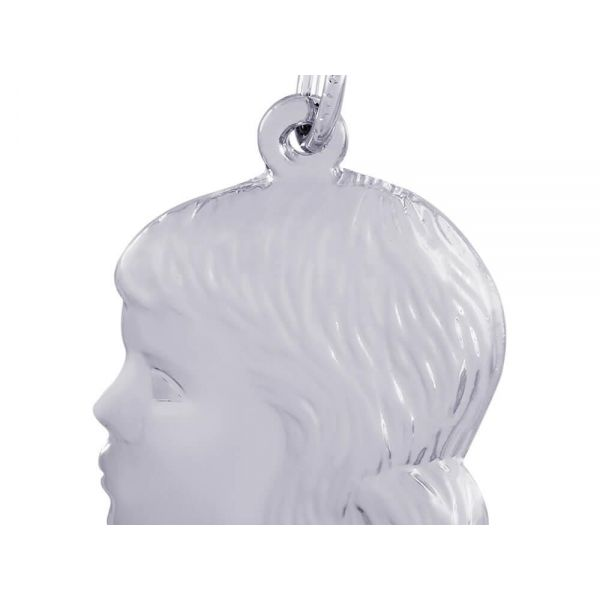 Rhodium Sterling Silver Girl Head Charm w/ embossed features. polished, engravable, Barnes Jewelers Goldsboro, NC