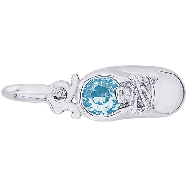 Rhodium Sterling Silver Baby Shoe Charm, March , Polished. Engravable, Barnes Jewelers Goldsboro, NC