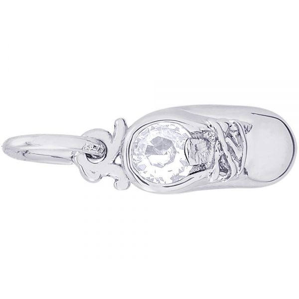 Rhodium Sterling Silver Baby Shoe Charm, April, Polished, Engravable, Barnes Jewelers Goldsboro, NC