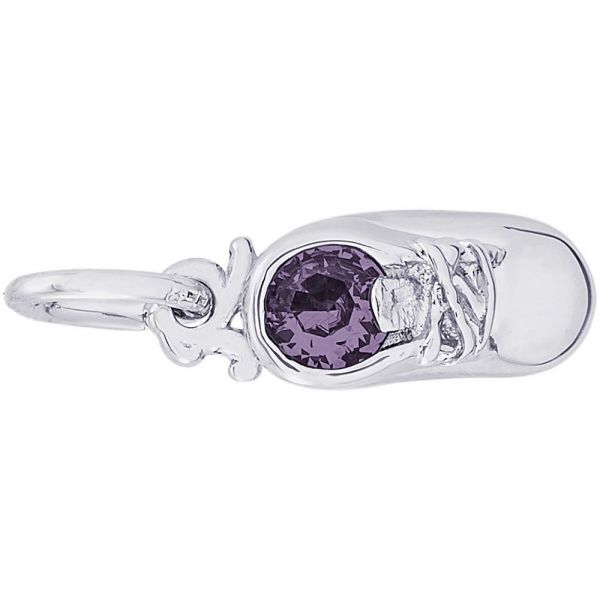 Rhodium Sterling Silver Baby Shoes Charm, June, Polished, Engravable, Barnes Jewelers Goldsboro, NC