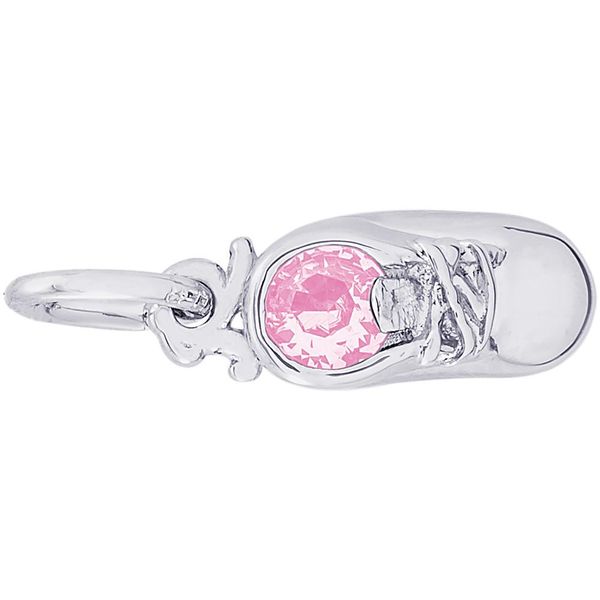 Rhodium Sterling Silver Baby Shoe Charm, October, Polished, Engravable, Barnes Jewelers Goldsboro, NC