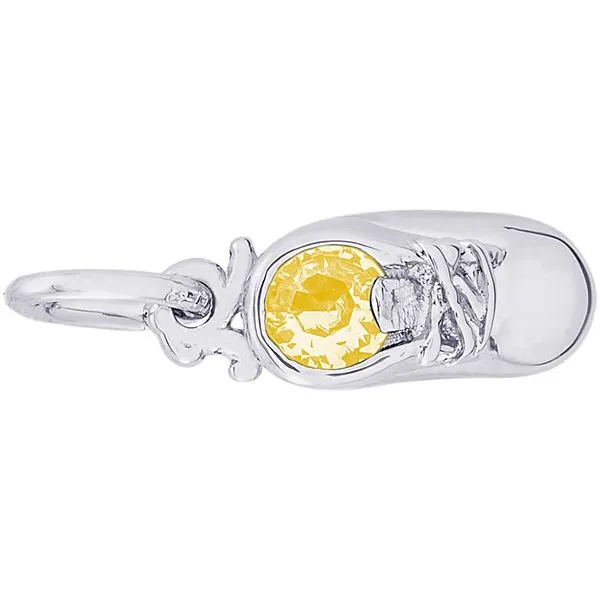 Rhodium Sterling Silver Baby Shoe Charm, November, Polished, Engravable, Barnes Jewelers Goldsboro, NC