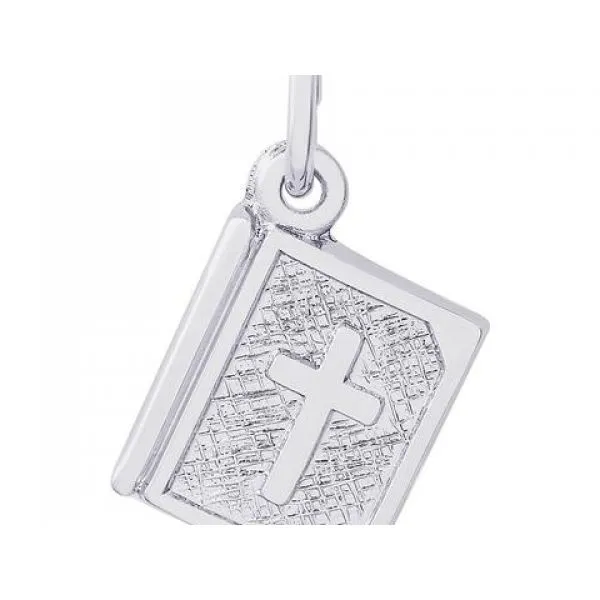 Rhodium Sterling Silver Bible w/Cross Charm. Polished, Engravable,  .41