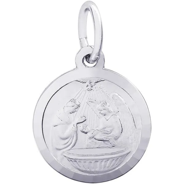 Rhodium Sterling Silver Baptism Disc Charm, 12.4mm, Polished, Engravable Barnes Jewelers Goldsboro, NC