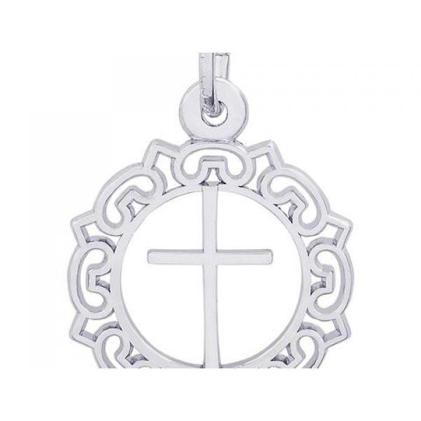 Rhodium Sterling Silver Cross. Scrolled Edge Charm. 16.5mm,  Polished. Barnes Jewelers Goldsboro, NC