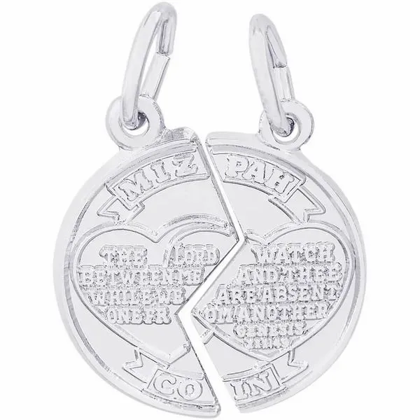 Rhodium Sterling Silver Mizpah  Charm. Break apart.  Polished.  engravable. 16.25mm. Barnes Jewelers Goldsboro, NC