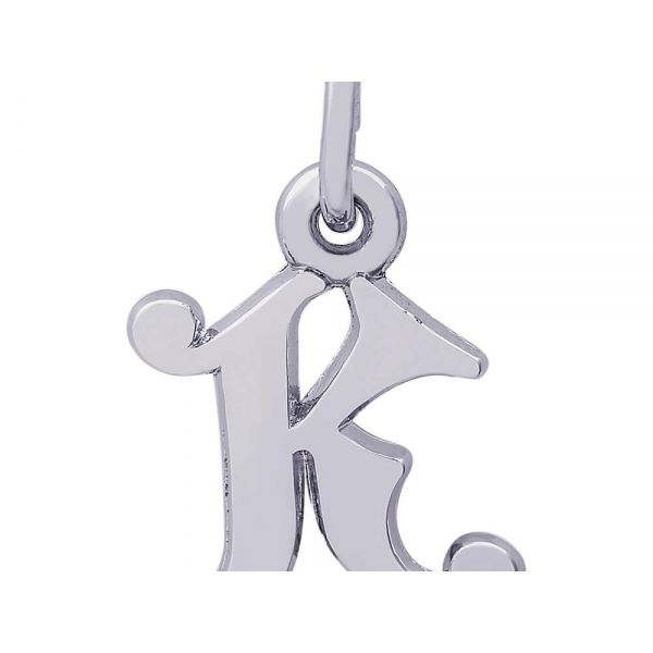 Rhodium Sterling Silver Curly Initial  K  Charm. Polished, 0.42