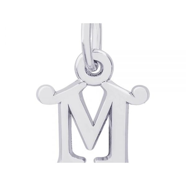 Rhodium  Sterling Silver Curly Initial  M  Charm, Polished, 0.42