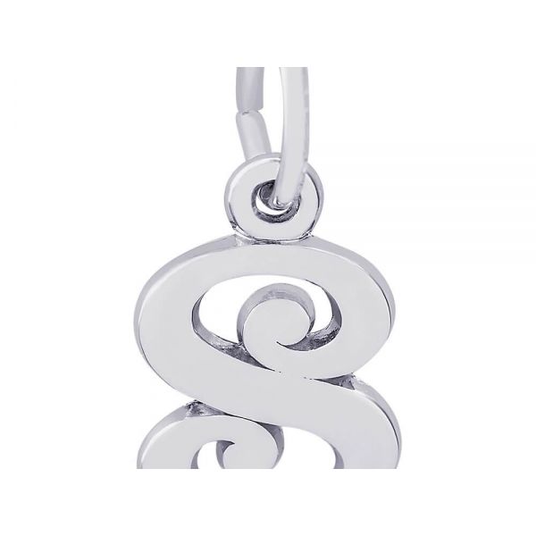 Rhodium Sterling Silver Curly Initial  S  Charm. Polished. 0.42