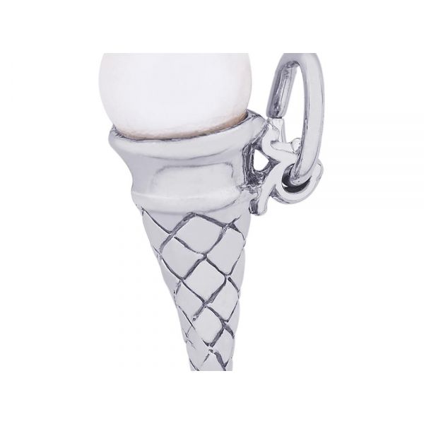 Rhodium Sterling Silver 3-D Vanilla Pearl Ice Cream Cone Charm. Barnes Jewelers Goldsboro, NC