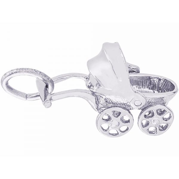 Rhodium  Sterling Silver Baby Carriage Charm, 3-D, Moveable top, Polished, Barnes Jewelers Goldsboro, NC