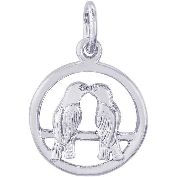 Rhodium Sterling Silver  Ringed Love Birds charm/pendant. polished, Barnes Jewelers Goldsboro, NC