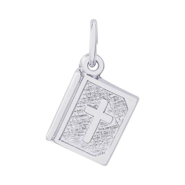 Rhodium Sterling Silver Bible w/Cross Charm. Polished, Engravable,  .41