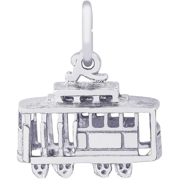 Rhodium Sterling Silver  3-D Cable Car Charm. Barnes Jewelers Goldsboro, NC