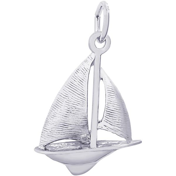 Rhodium Sterling Silver  3-D Sailboat charm/ pendant. polished. Barnes Jewelers Goldsboro, NC