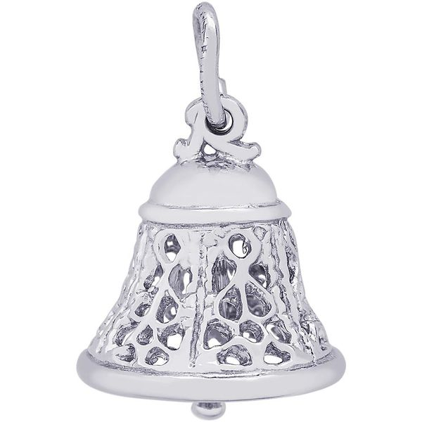 Rhodium Sterling Silver 3-D  Filigree Bell Charm.  Polished Barnes Jewelers Goldsboro, NC