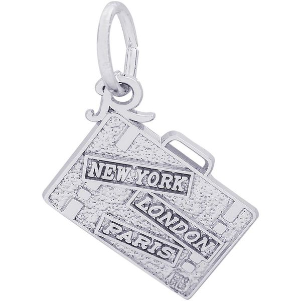 Rhodium Sterling Silver Travel Suitcase (NY London Paris) Charm. Barnes Jewelers Goldsboro, NC