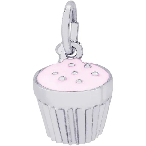 Rhodium Sterling Silver 3-D Pink Frosted Cupcake Charm. Barnes Jewelers Goldsboro, NC