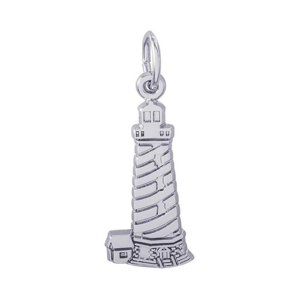 Rhodium Sterling Silver Cape Hatteras Island, NC Lighthouse Charm/pendant,  Flat, Polished,  20.6mm x 10.2mm. Barnes Jewelers Goldsboro, NC