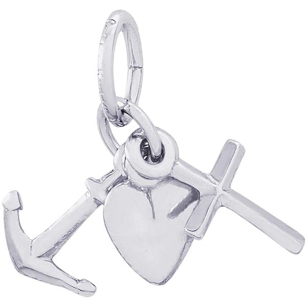 Rhodium  Sterling Silver Faith Hope Charity Charm, Cross, Anchor, Heart, 3-D, Polished, 0.34