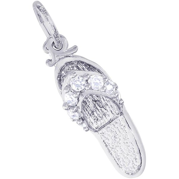Rhodium Sterling Silver Sandal w/White CZ's  Charm. engravable. Barnes Jewelers Goldsboro, NC