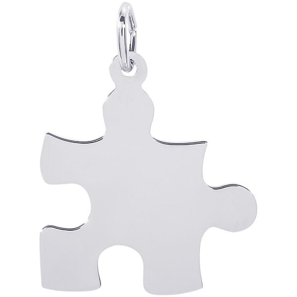 Rhodium Sterling Silver Autism Awareness Puzzle Piece Charm. Polished. Engravable. Barnes Jewelers Goldsboro, NC