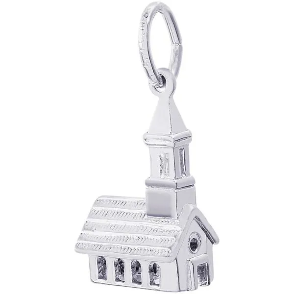 Rhodium Sterling Silver 3-D Church Charm.  Polished,  0.58