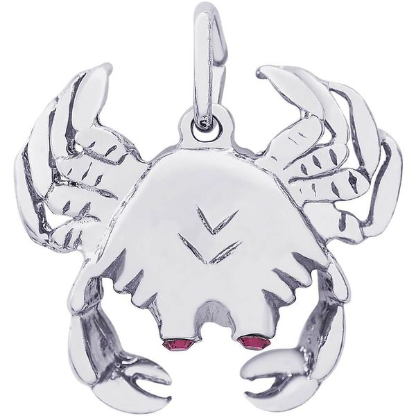 Rhodium Sterling Silver 2-D Crab w/red stone eyes. Charm/Pendants. H 0.73