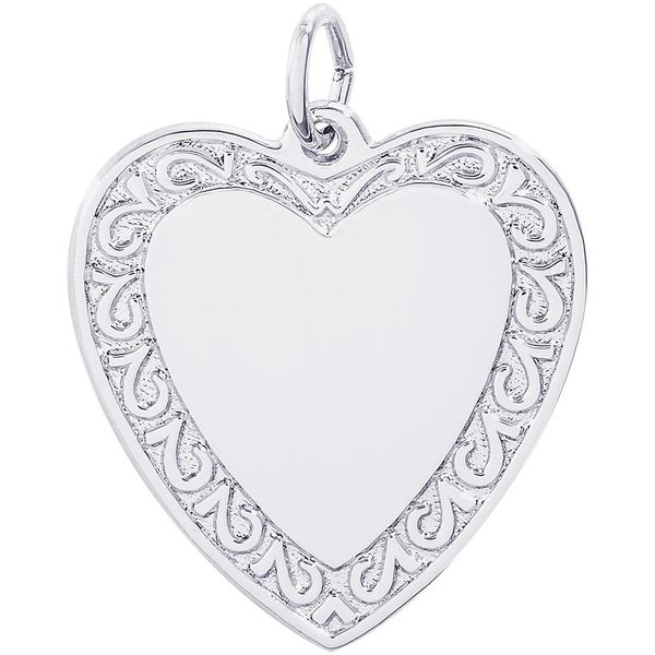 Rhodium Sterling Silver Heart Charm with scroll edge. 23mm x 21.5mm,  polished, engravable. Barnes Jewelers Goldsboro, NC