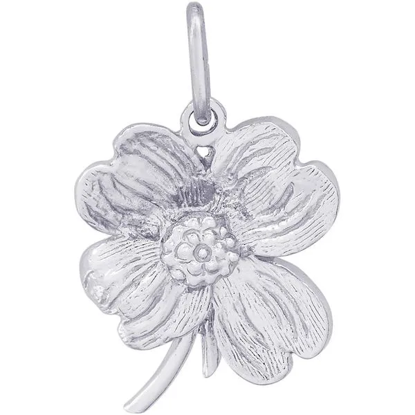 Rhodium Sterling Silver 3-D Dogwood flower  Charm. Barnes Jewelers Goldsboro, NC