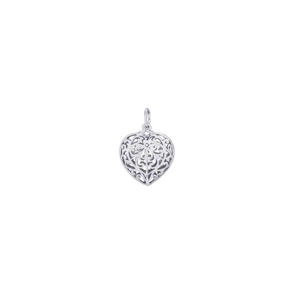 Rhodium Sterling Silver Filigree Puffed Heart Charm. Polished.  .71