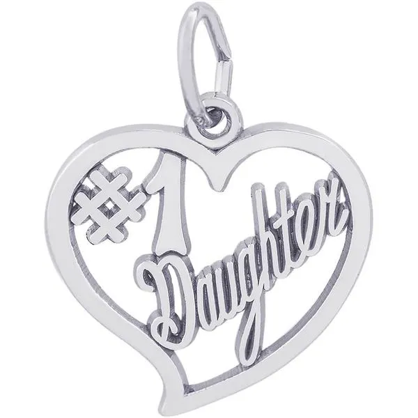 Rhodium Sterling Silver #1 Daughter Heart Charm/Pendant, Filigree, Polished, Barnes Jewelers Goldsboro, NC