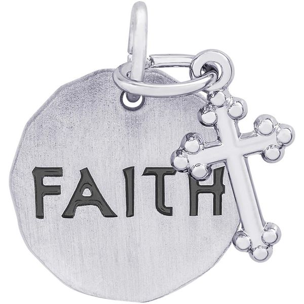 Rhodium Sterling Silver FAITH disc w/Botonny Cross, 15.5mm, Satin finish, Engravable. Barnes Jewelers Goldsboro, NC