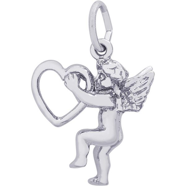 Rhodium Sterling Silver 3-D Love Angel w/Heart Charm/Pendant, Polished,  0.65 x 0.67. Barnes Jewelers Goldsboro, NC