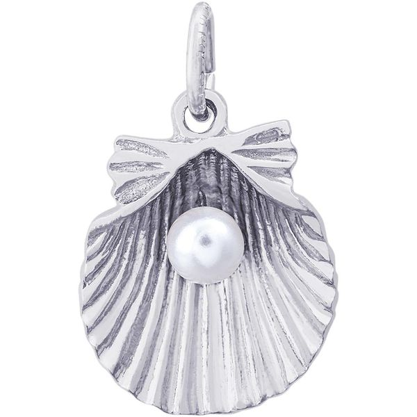 Rhodium Sterling Silver 3-D ClamShell W/Pearl Charm/Pendant.  H 0.58