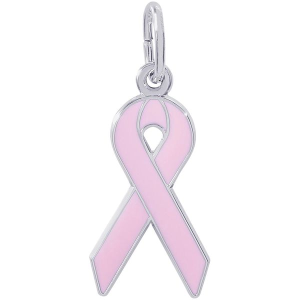 Rhodium Sterling Silver Pink Breast Cancer Awareness Ribbon Charm. Barnes Jewelers Goldsboro, NC