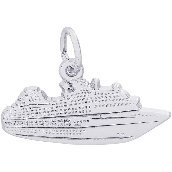 Rhodium Sterling Silver Cruise ship charm.Polished Flat. engravable. Barnes Jewelers Goldsboro, NC